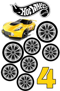 a yellow sports car with four tires on it