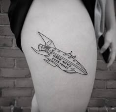 a woman's thigh with an airplane tattoo on her leg that reads, for every flight we take