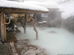 an outdoor hot tub with snow on the roof and trees in the water next to it