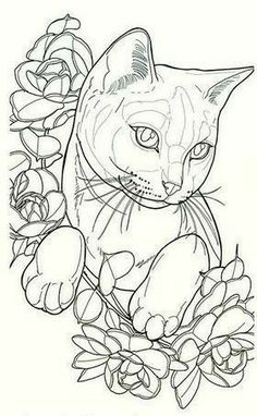 a black and white drawing of a cat sitting on top of flowers with roses around it