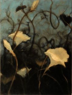 an abstract painting of white flowers against a blue sky with black and brown swirls