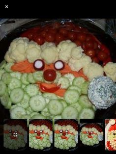 three different pictures of vegetables in the shape of santa claus and other food items to make it look like film character