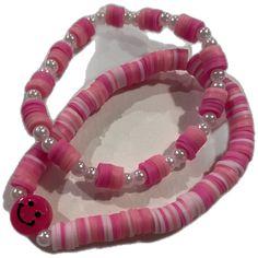 Gift Polymer Clay Friendship Bracelets, Playful Polymer Clay Bracelet As Gift, Playful Polymer Clay Bracelet For Gift, Round Beads Polymer Clay Friendship Bracelets Gift, Gift Polymer Clay Friendship Bracelets With Round Beads, Handmade Pink Polymer Clay Bracelets, Cheerful Handmade Adjustable Beaded Bracelets, Playful Pink Heishi Beads Bracelet, Handmade Pink Polymer Clay Beaded Bracelets