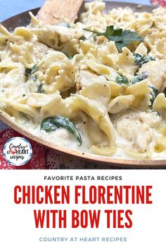 chicken florentie with bow ties in a skillet