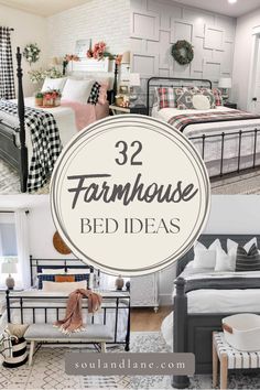 three farmhouse style beds with text overlay that reads, 3 farmhouse bed ideas