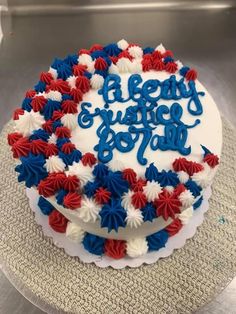 a white cake with red, white and blue frosting