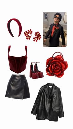 a woman's outfit and accessories including a red rose, black leather jacket, white shirt