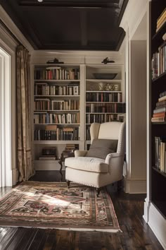 a living room filled with furniture and bookshelves full of bookcases next to a doorway