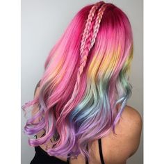 Lisa Frank Hair Is the Latest Hair-Color Trend to Take Instagram ❤ liked on Polyvore featuring accessories and hair accessories Trendy We Fryzurach, Hair Colorful, Balayage Blond, Hair Bride, Rainbow Hair Color, Big Chop, Lisa Frank, Yellow Hair