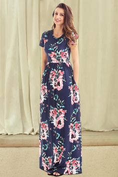 Blue Short Sleeve Maxi Dress With Pockets, Navy Fitted Short Sleeve Maxi Dress, Navy Blue Floral Maxi Dress, Navy Floral Print Summer Dress, Non-stretch Short Sleeve Maxi Dress With Floral Print, Long Skirt Looks, Modest Girls Dresses, White Floral Maxi Dress, Blue Floral Maxi Dress