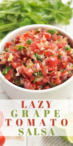 a white bowl filled with salsa and garnished with cilantro