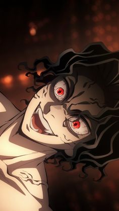 an animated image of a woman with blood on her face and red eyes looking at the camera