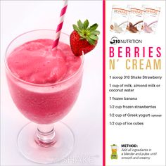 a pink drink in a glass with a straw on the top and an ad for berriies n'cream