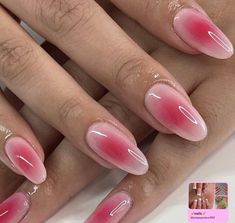 Red Pink Gel Nails, Tropical Simple Nails, Pink To Red Ombre Nails, Pink Red Ombre Nails, Ombre Aura Nails, Pink And Red Aura Nails, Pink Nail Ombre, Round Ombre Nails, Pink Nail Inspired