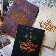 several books laying on top of each other next to an open book with the title ed loraine warnen written in it