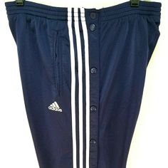 VTG ADIDAS Adibreak Track Pants 2001 Blue White Breakaway Sewn Logo Men's M EUC!. Great looking classic style with breakaway side logo snaps made in 2001. 2 pockets. Elastic waist. Tapered leg. Well made. Condition:  Excellent preowned condition. Gently worn. No holes, no stains and no fading! Please see pictures and measurements. Size: M.  Please see measurements. Material: Polyester Measurements: Measured laying flat in inches.  Waist: 14.5" stretches to 17.5" Front Rise: 13.5" Blue Sweatpants With Three Stripes For Streetwear, Adidas Streetwear Bottoms For Sports Season, Blue Sporty Sweatpants With Three Stripes Branding, Sporty Blue Sweatpants With Three Stripes Branding, Adidas Blue Sweatpants For Jogging, Blue Adidas Jogging Bottoms, Blue Striped Jogging Bottoms, Adidas Blue Sweatpants For Sports, Adidas Blue Sporty Sweatpants