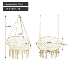 two hanging hammock chairs with measurements and measurements for each one, including the size