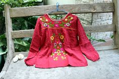 "Here we come again, the Embroidered Top Collection, in larger sizes. Good for M-L Bust & waist 44\" Armhole 21\" Shoulder to shoulder 18\" Sleeves length 23\" Length 28\" This is a piece of fantastic handmade, made of 100% Thai soft and light cotton with beautiful hand embroidered flowers details on the neckline, front and shoulder blades.  Pair this beautiful piece with one of Ariel on Earth long tiered ruffle skirt/ Ariel on Earth ruffle wrap skirt or Nothing to Worry long skirt, bohemian jew Bohemian Red Tops With Embroidered Hem, Red Bohemian Top With Embroidered Hem, Bohemian Red Top With Embroidered Hem, Red Long Sleeve Cotton Embroidered Top, Red Embroidered Long Sleeve Top For Fall, Embroidered Long Sleeve Red Top, Red Embroidered Long Sleeve Tops, Red Cotton Top With Embroidered Neckline, Red Cotton Blouse With Embroidered Neckline