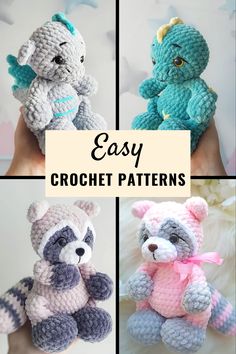 four crocheted stuffed animals in different colors and sizes, with text overlay that says easy crochet patterns