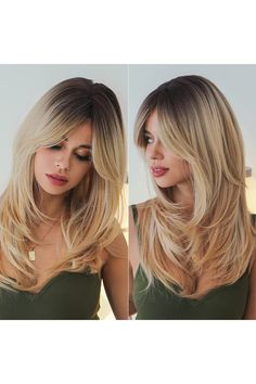 Medium Brunette Hair, Blonde Bangs, Dark Roots, Light Blonde, Long Wigs, Blonde Wig, Synthetic Wig, Trendy Short Hair Styles