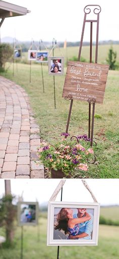 two pictures hanging from the side of a wooden sign in front of a brick walkway