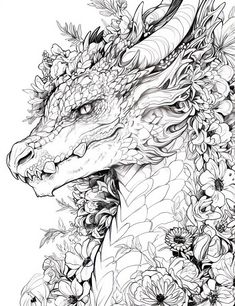 a drawing of a dragon with flowers on it's head and the eyes open