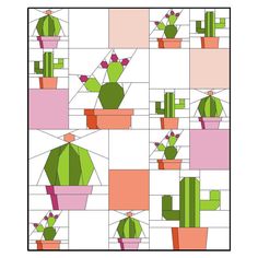 a quilt pattern with cactuses and potted plants on it's sides, all in different colors