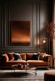 an elegant living room with brown walls and leather furniture, including a large painting on the wall