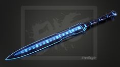 a knife that is glowing in the dark with blue lights on it's blade