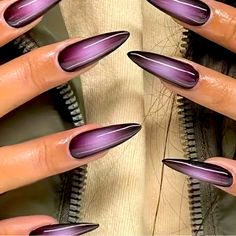 Chic Almond-Shaped Press-On Nails In Gradient Dark Purple - Glossy Finish, Medium Length With Jelly & Rubbing Stick Included Gradient Ombre Nails, Witch Nails Purple, Purple Fall Nail Designs, Purple Nails Almond Shape, Dark Purple Nail Art, Nail Ideas Purple, Purple And Silver Nails, Dark Purple Nails, Long Coffin Nails