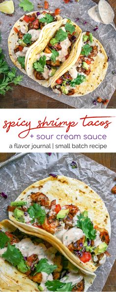 three tacos with different toppings on them and the title says spicy shrimp tacos