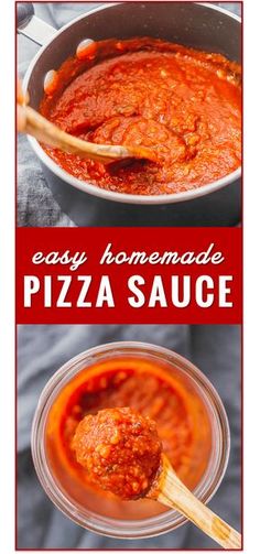 easy homemade pizza sauce in a pan with a wooden spoon and text overlay that reads easy homemade pizza sauce