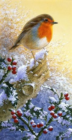 a painting of a bird sitting on top of a piece of wood in the snow