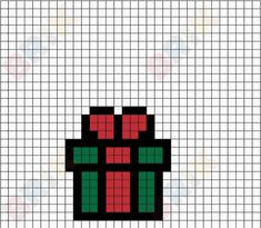 a cross stitch christmas present with red and green bows on it's side, in the middle of a graph paper background