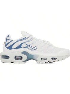 Nike 
White & Blue Air Max Plus Sneakers 
Low-top lightweight breathable mesh sneakers in white-to-blue gradient. 
. Patent faux-leather trim throughout 
. Lace-up closure 
. Logo patch at padded tongue and heel counter 
. Padded collar 
. Swoosh appliqué at sides 
. Mesh lining 
. Air Sole units at foam rubber midsole 
. Treaded rubber sole 
Please note that this item may be shipped only within North America. 
Supplier color: Summit white/Ashen slate 
Upper: textile, synthetic. Sole: rubber. 
M White Air Max Cushioned Lace-up Sneakers, Mid-top Fade-resistant Training Sneakers, Mid-top Training Sneakers, White Low-top Custom Sneakers With Fade Resistance, Casual Training Sneakers With Translucent Outsole, Training Sneakers With Translucent Outsole, Low-top Synthetic Custom Sneakers For Training, Low-top Mesh Sneakers, White Synthetic Running Shoes With Translucent Outsole