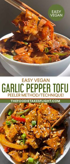 the recipe for easy vegan garlic pepper tofu is shown in two bowls with chopsticks