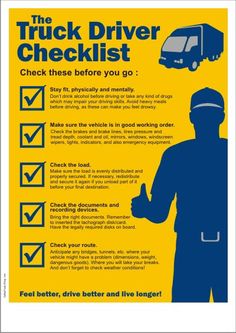 a truck driver's checklist is shown in blue and yellow with an image of a man holding a wrench