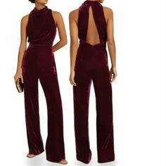 New Without Tags Red Reiss Joan Berry Velvet Halter Jumpsuit Perfect For The Upcoming Holidays! The Joan Jumpsuit In Berry Will Make A Striking Addition To Any Wardrobe. It's Designed With A High-Neck Top And High-Rise Tailored Trousers That Fall To A Wide-Leg Silhouette While Its Open-Back Design Ensures It's A Contemporary Take On An Eveningwear Classic. Complete The Look Simply With Heels And A Clutch Bag. Features Include: Mock Neck With Back Buttons Back Zipper Side Pockets Lined In The Bod Fitted Burgundy Jumpsuits And Rompers, Red V-neck Jumpsuit For Night Out, Red Halter Jumpsuit, Elegant Red Backless Jumpsuit/romper, 70s Velvet Jumpsuit, Red V-neck Jumpsuit For Loungewear, Halter Jumpsuit, High Neck Top, Red Jumpsuit