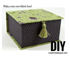 a green and purple box with a tassel hanging from it's lid that says make your own fabric box