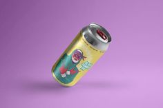 a can of soda on a purple background with an image of a man in the middle