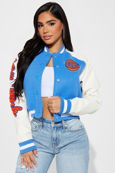 New York Knicks Varsity Jacket - Blue/combo | Fashion Nova, Screens Tops and Bottoms | Fashion Nova Amaya Colon, Boys School Uniform, Varsity Style, Romper And Jacket, Leather Sleeve, New York Knicks, Baseball Jacket, Cropped Jacket, Graphic Tees Women