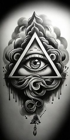 an all seeing eye tattoo design on the side of a wall with clouds and drops