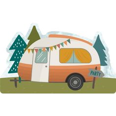 an orange and white camper parked in the grass with trees on it's side