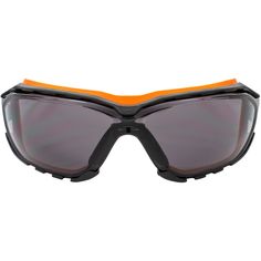 an orange and black pair of sunglasses on a white background