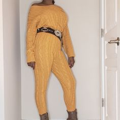 Cable Knit Warm Cozy Set. Gold Medium And Large. Pink Xl 2xl In Stock Fancy Romper, Skort Dress, Silk Romper, Tie Dye Jumpsuit, Wide Leg Romper, How To Stretch Boots, Sweater Pullover, Sweater Set, Sleeved Romper