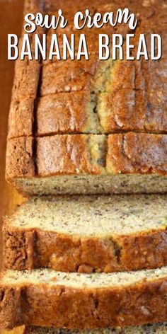 four slices of banana bread sitting on top of a cutting board with text overlay