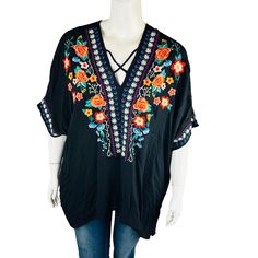 New Oddi Womans One Size Embroidered Blouse Top Floral Boho Shirt Black Nwt Bust: 39 Inches Length: 29 Inches Will Fit All Curves Material: 100% Rayon Thanks For Looking! Black V-neck Blouse With Floral Embroidery, Black Embroidered Summer Blouse, V-neck Blouse With Multicolor Embroidery For Vacation, Black V-neck Tops With Floral Embroidery, Black Embroidered V-neck Top For Summer, Black Embroidered Top For Summer Festival, Black V-neck Embroidered Top For Summer, Black Embroidered Tunic Blouse, Black Floral Embroidered Blouse For The Beach