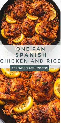 one pan spanish chicken and rice with lemons on the side