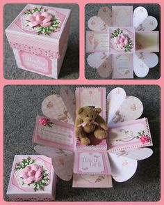 there is a small teddy bear in a pink box with flowers and hearts on it