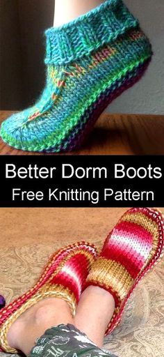 there are two pictures with different types of knitted shoes and one has the words, better dorm boots free knitting pattern